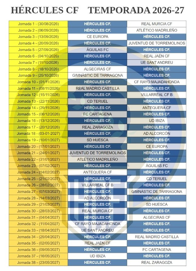 Juan19082's tweet photo. Calendario del @cfhercules para la temporada 2026/27 en el Grupo 2 de 1ª RFEF ⚽🏆
Macho Hércules!!!🤍💙

(Espero no haberme equivocado con alguna fecha y tantos números 😅) https://t.co/nJxHa2s8Hf