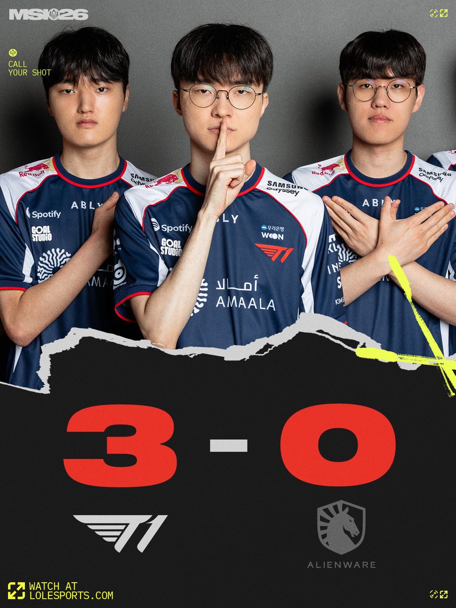 lolesports's tweet photo. CLEAN SWEEP:

T1 secure their spot in the #MSI2026 Bracket Stage! https://t.co/GquBYfUM60