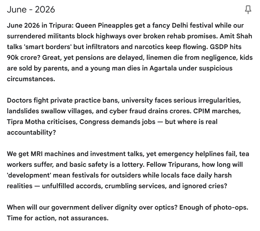 a_shinigami__'s tweet photo. the month's headlines | Tripura-Reality | WakeUp-Tripura
#NarcoticsFree #DevelopmentForPeople #QueenPineapple #SmartBorder #GSDP #CyberSafety #Landslide #PublicHealth #CitizenVoice #NortheastDevelopment #IndiaNortheast #HarshReality #VoiceOfTripura #TripuraDemand #ChangeTripura https://t.co/IARxvZAp6K