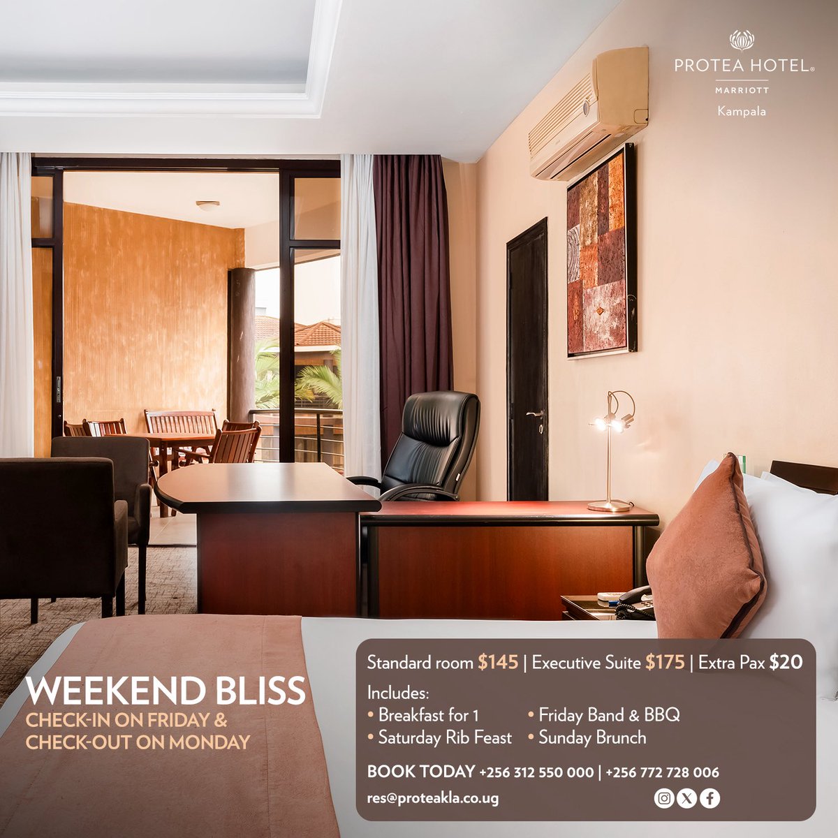ProteaKampalaH's tweet photo. Imagine this…

You check in on Friday and don’t think about work again until Monday.

Band &amp; BBQ. Rib Feast. Sunday Brunch. A spacious room to come back to after each day.

That’s what we call Weekend Bliss. https://t.co/Rd22XwRMxJ