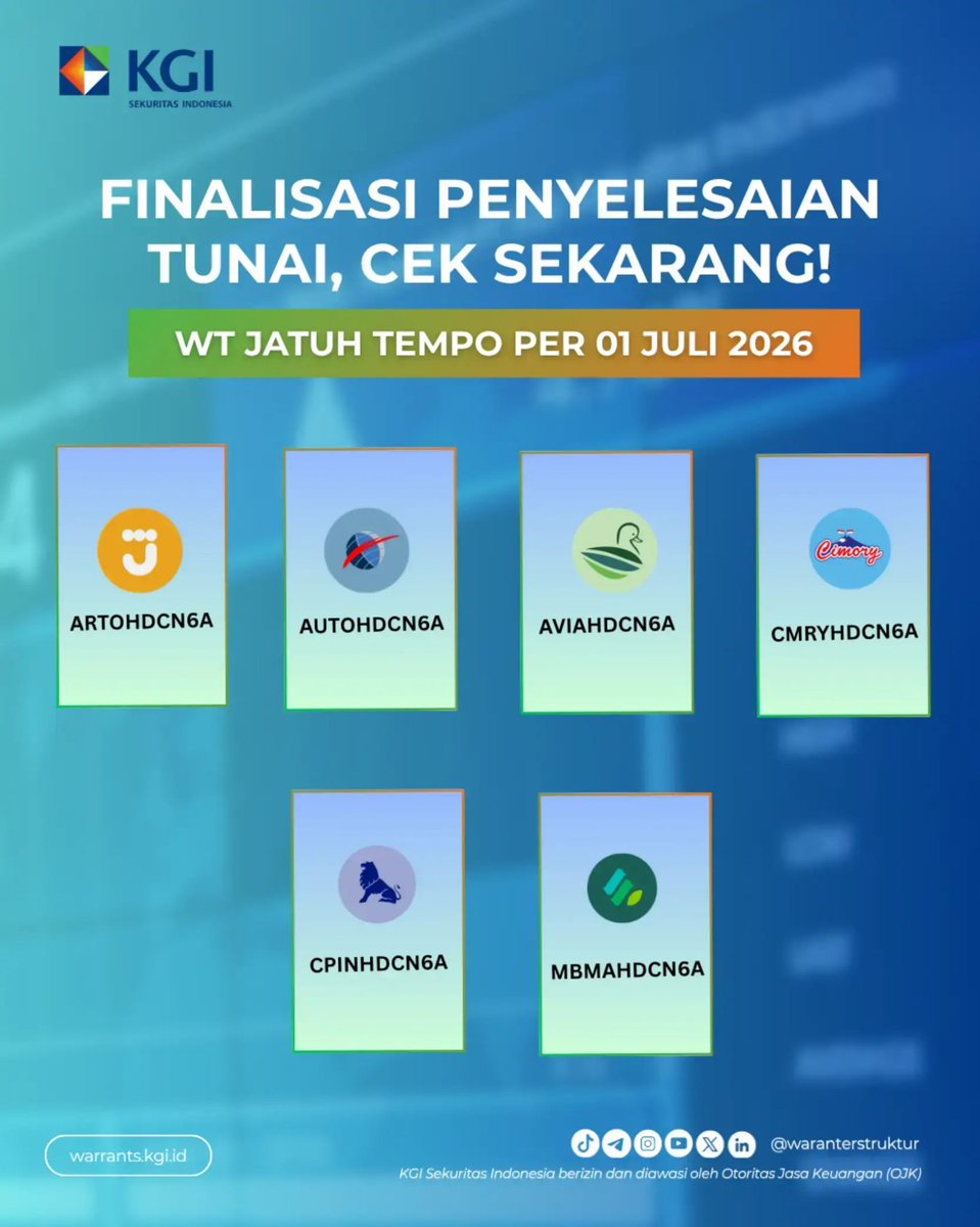 waranKGI's tweet photo. Hi KGInvestor!🙌

Berikut kami informasikan detail Penyelesaian Akhir Waran Terstruktur KGI Sekuritas Indonesia yang jatuh tempo pada 01 Juli 2026 

Untuk informasi lengkapnya kamu bisa cek di: https://t.co/wh8OiQAf8e

#fypage 
#fypシ 
#trending 
#CUAN 
#fyp https://t.co/yqcJ3I66P6