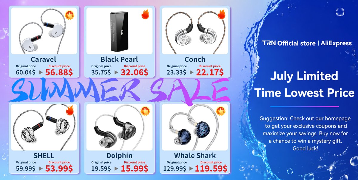 TrnAudio's tweet photo. July is officially here! 🎉 TRN Summer Sale has started!  
🔥 Popular styles at limited-time low prices.  
🎁 Get a chance to receive a mysterious gift with your purchase.  
👉 Grab your exclusive coupon on our homepage for the biggest discounts.  
Shopnow:https://t.co/ICymUgS7Jm https://t.co/XozCL2OfVU
