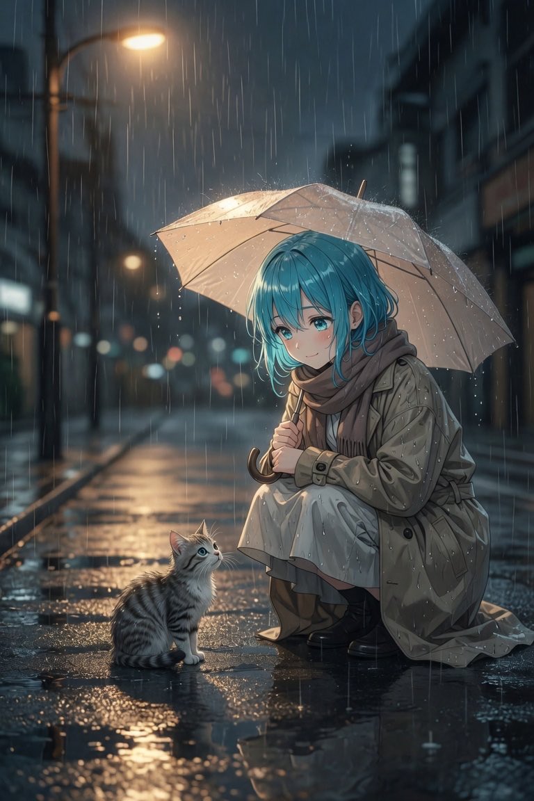 wanwangpan's tweet photo. Lost on a rainy night…
I found this little one sitting alone in the rain, looking up at me with those big eyes.
‘Did you get separated?’ ‘…Do you want to come home with me?’
The rain didn’t stop, but for a moment, it felt a little less cold.
#RioRa #GrokImagine #OriginalCharacter #AIイラスト