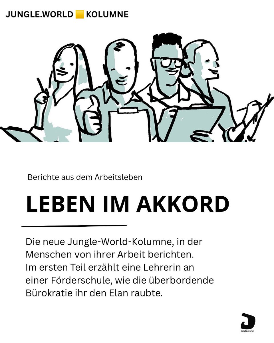Jungle_World's tweet photo. Über Arbeit schreiben Zeitungen ständig, über den Arbeitsalltag der Menschen dagegen selten. Das wollen wir  ändern. Wir veröffentlichen Berichte von Menschen über ihren Berufsalltag. Wollt ihr selbst davon erzählen? 
Gerne hier: inland@jungle.world 
👉 https://t.co/tlLeE6Ed1s https://t.co/Zvo2fPvgjV