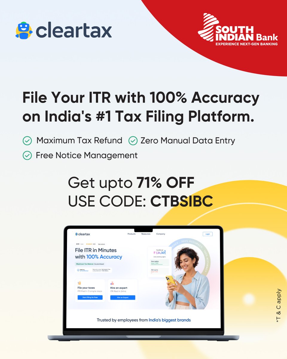 OfficialSIBLtd's tweet photo. Less paperwork. More peace of mind. ✨
File your ITR with 100% accuracy and save up to 71% OFF using CTBSIBC.
Tax filing, simplified.

Visit today https://t.co/sGMjbFXOYO

#TaxFiling #ClearTaxPartner #SouthIndianBank #PersonalFinance #TaxSeason https://t.co/kAoc0IdfJG