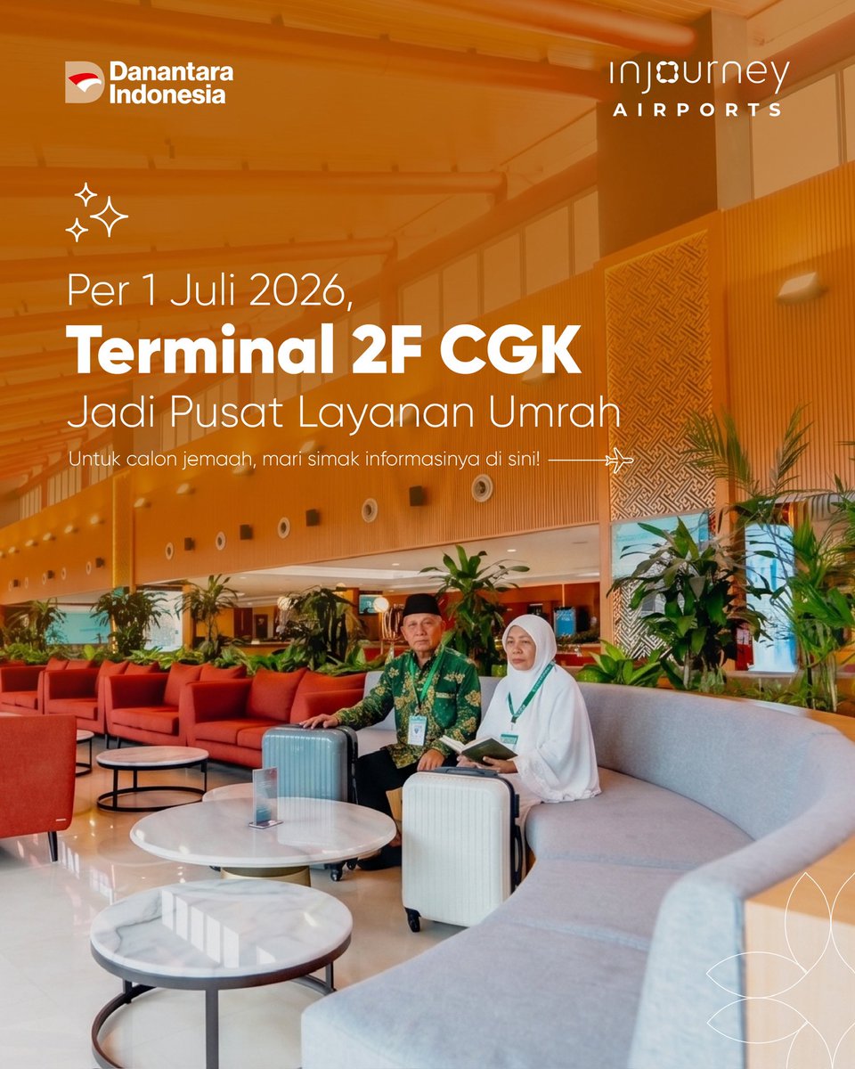 INJairports's tweet photo. Kabar penting untuk calon jemaah! Yuk, dicatat 🕋

Mulai 1 Juli 2026, keberangkatan umrah via Penyelenggara Perjalanan Ibadah Umrah (PPIU) dipindahkan secara bertahap ke Terminal Khusus Haji dan Umrah 2F @soekarnohattaairport. Terminal ini didesain khusus demi kenyamanan ibadah Anda tanpa bercampur dengan penumpang reguler 🛫🥹😇