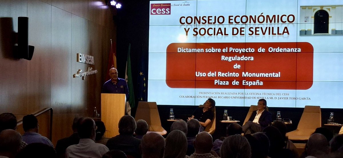 CES_Sevilla's tweet photo. 📍El presidente de la Comisión de Relaciones Laborales de la @CES_Sevilla, Antonio Montero, interviene hoy en el Consejo Económico y Social de Sevilla, para valorar la ordenanza reguladora del uso del Recinto Monumental de la Plaza de España @Ayto_Sevilla https://t.co/of9ujz3AhB