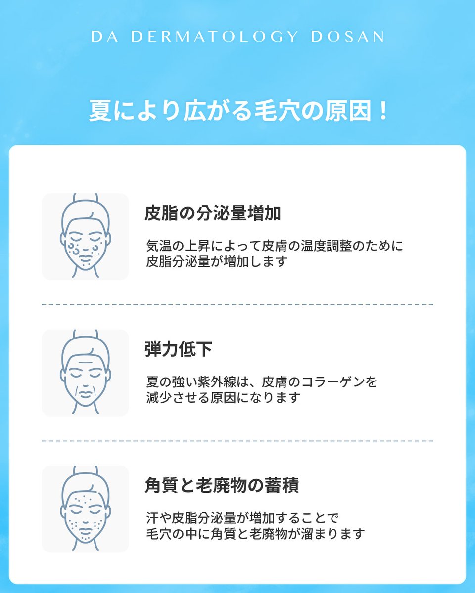 da_dosan_jp's tweet photo. こんにちは！DA皮膚科-DOSANです🩵

なぜ夏になると毛穴が目立つの🙅‍♀️？！
#毛穴ケア #紫外線対策 #弾力ケア

皮脂の分泌量増加や弾力低下、角質や
老廃物の蓄積などの現象によって毛穴が
どんどん広がります🙇‍♀️💦

DAで夏の皮膚を綺麗に保ちましょう☀️
お問い合わせ👉https://t.co/3yb6MKxDd4 https://t.co/jBNO1UEvyA