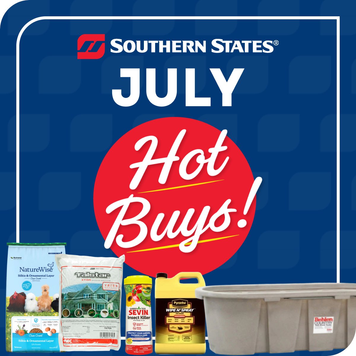 SouthernStates's tweet photo. JULY HOT BUYS ARE HERE — Visit your local Southern States for the best deals of the month on layer feed, pest control, stock tanks &amp; pond chemicals! https://t.co/EyMpwrSGE1