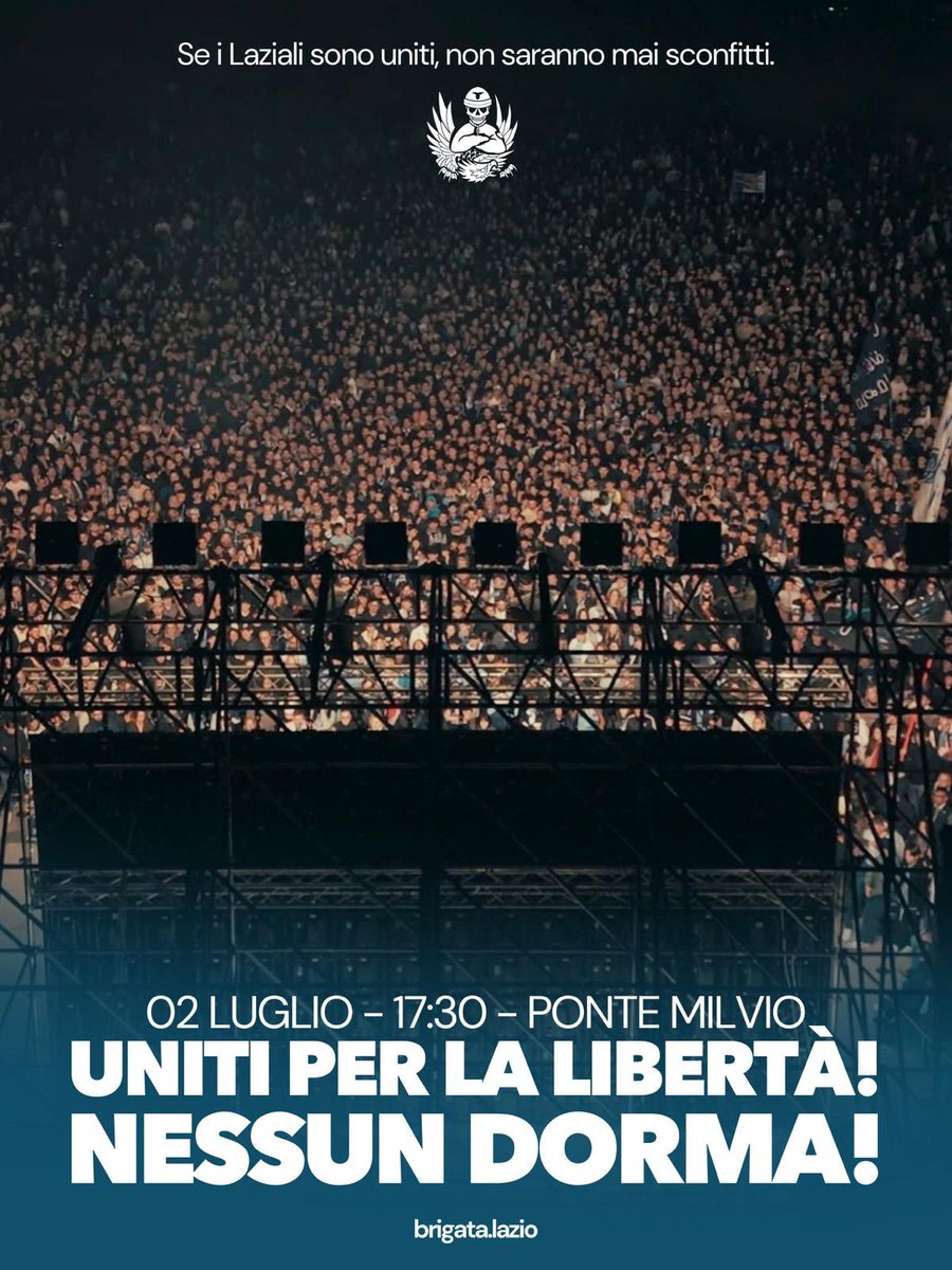 BrigataLazio's tweet photo. Domani sarà la giornata di tutti i Laziali.
Domani scenderemo in strada per manifestare il nostro dissenso e al contempo il nostro Amore incondizionato.
Domani celebreremo la Lazialità.
Domani saremo tutti uniti per una cosa sola: LA LIBERTÀ!

📍 L’appuntamento è alle 17:30 a Ponte Milvio.
Coloriamo Roma di Biancoceleste: bandieroni, stendardi, fumogeni e torce (no bomboni).

Evviva la Lazio, evviva i Laziali 

#roma #lazio #protesta #curvanord #ultraslazio