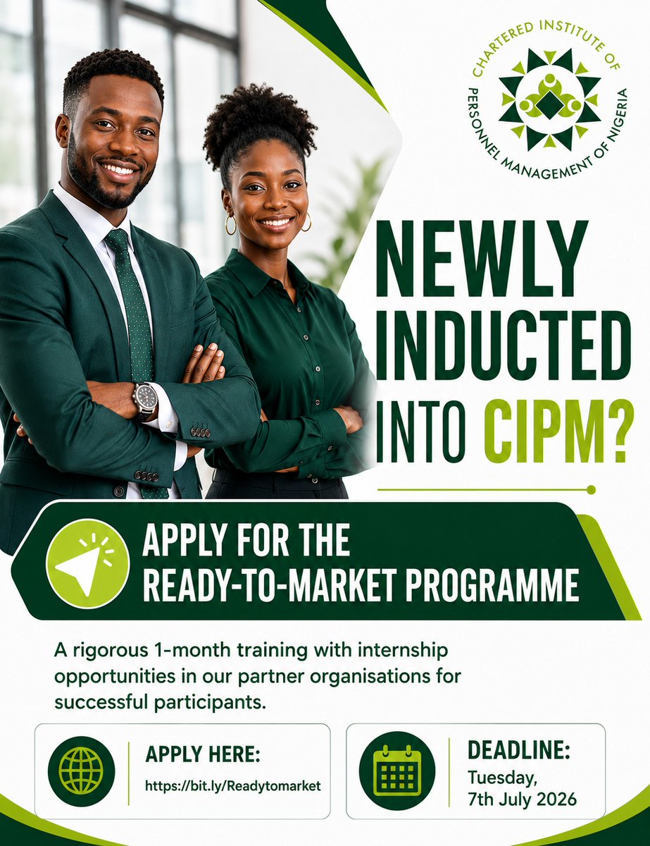 cipmnigeria's tweet photo. Induction is an achievement. Becoming workplace-ready is the next step. 

Join  the Ready-to-Market Programme and gain practical skills, industry  exposure and stand a chance to secure a one-year internship placement in  organisations for successful participants. https://t.co/BcKSakANik