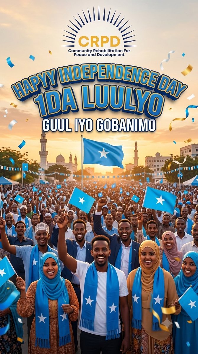 CrpdSomalia2010's tweet photo. Happy Independence Day! 1da Luulyo 🇸🇴 Commemorating the birth of our great nation with unity and pride. Guul iyo gobanimo! 

#Somalia #IndependenceDay #July1st #CRPD" https://t.co/NzhCXUor0X