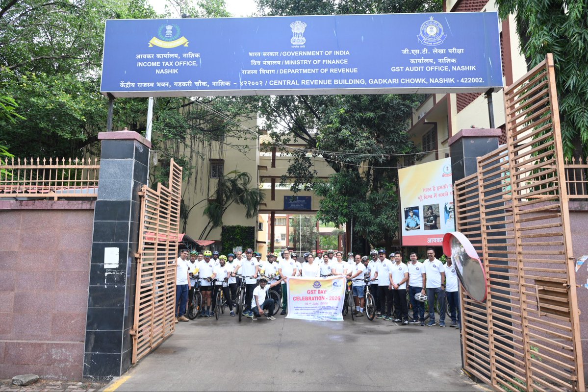 cgstnsk's tweet photo. On the occasion of GST Day, CGST & Central Excise, Nashik Commissionerate organised a Cycle Rally with enthusiastic participation from officers, staff and cycling enthusiasts of Nashik, promoting the message of fitness, environmental sustainability and the spirit of nation-building.