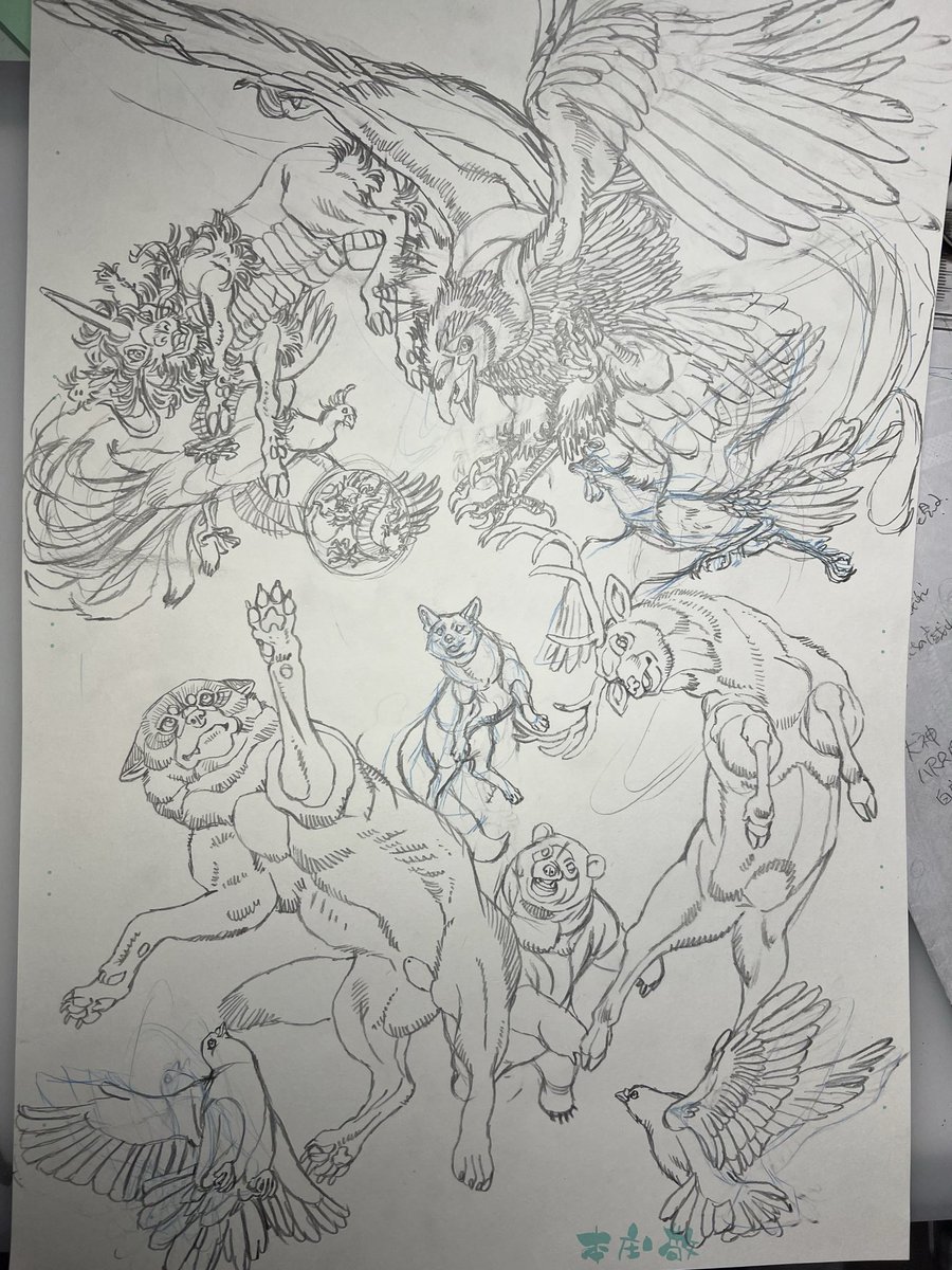 honjo_kei's tweet photo. 仕事の合間に
いま描きたい絵を構成・ラフスケッチ・・・「八咫烏とストロベリームーン」「戯れる神使たち」「ツシマヤマネコとミツバチ」「ブランコ」
う〜む・・・頭を少し冷やそう。
あっ！・・・しまった💦原稿に戻らないば💦

#マンガハンズ
#寿都人プロジェクト
#シン鳥獣戯画 https://t.co/dvY3dhzitc