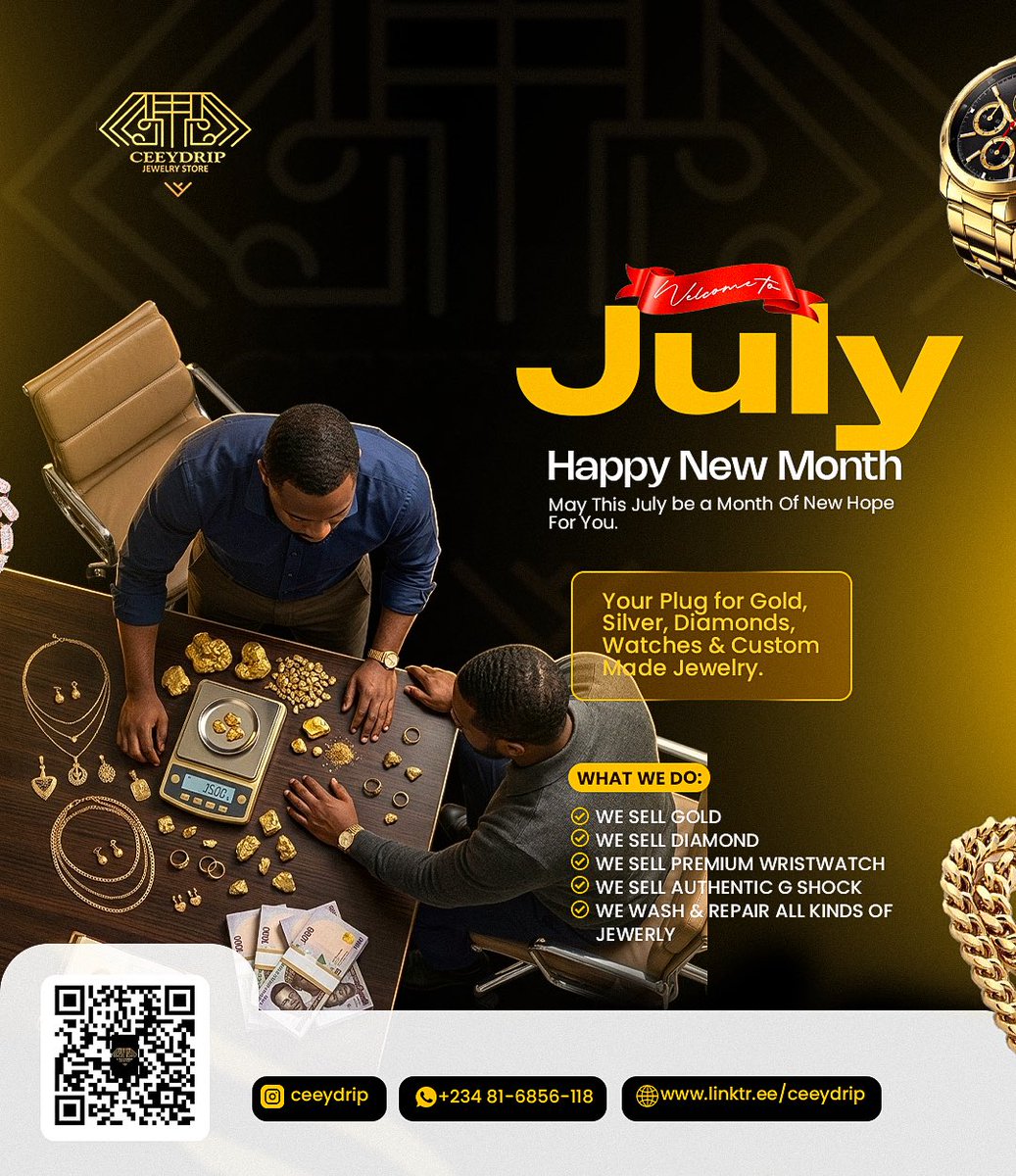 ceeydrip's tweet photo. Welcome to July! 💛

May this new month bring you endless opportunities, good health and financial growth.

Thank you for trusting Ceeydrip Jewelry as your go-to destination for gold, diamonds, premium watches and custom jewelry. https://t.co/KThqZUU5QP