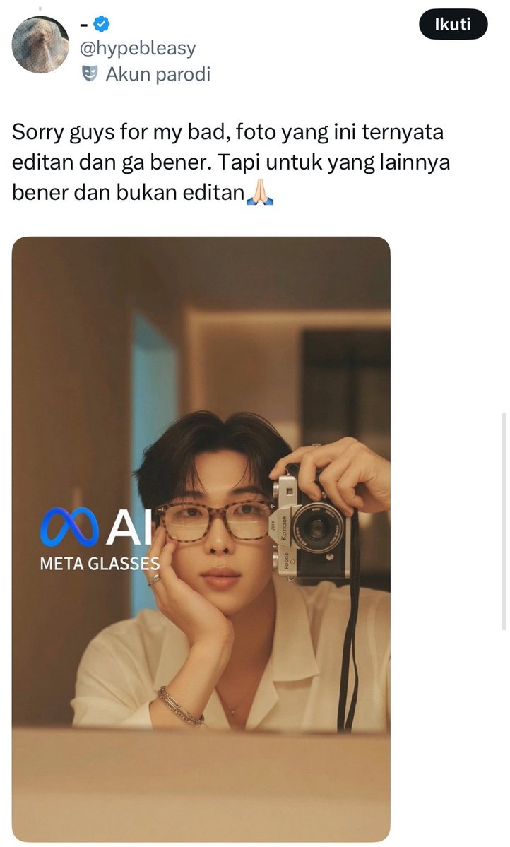 rize07addict's tweet photo. Imagine editing a Namjoon image with AI to spread fake rumour of him also promoting that sh1t and bringing up some random influencer using Jungkook's song in her tiktok to deflect from your fave actually promoting AI glasses which are basically spy cams.

Not even gonna comment on the stupidity of compairing a knife with a spy cam and bringing up the woman card again to excuse yo fave being tone deaf and out of touch with societal problems.