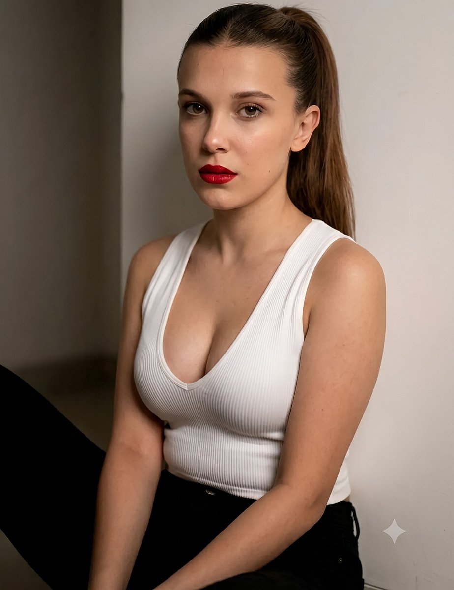 Jodie_Noraa's tweet photo. "Studio vibes and effortless grace. Loving this look! ✨"

Millie Bobby Brown | Sadie Sink 

Photos Made With AI Gemini Nano Banana Pro 

Prompt:

"A highly detailed realistic portrait photograph of a young woman with fair skin and subtle natural freckles, featuring long straight brown hair styled in a sleek high ponytail with a center part, wispy strands framing her face. She has expressive brown eyes with defined eyebrows, wearing bold red lipstick on full lips, and a neutral contemplative expression while gazing directly at the viewer. She is dressed in a fitted white ribbed sleeveless tank top and black pants, seated in a relaxed pose with one leg bent, leaning against a plain light-colored minimalist studio wall. Soft dramatic lighting from the side creates gentle shadows and highlights on her face and clothing, with a clean modern indoor setting, high resolution, sharp focus, cinematic composition, and professional photography style."