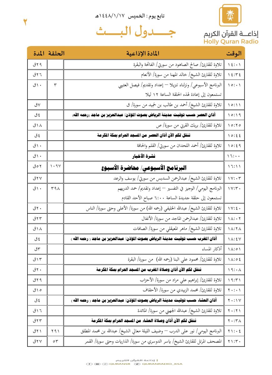 QuranRadio_ksa's tweet photo. جدول تلاوات وبرامج
#إذاعة_القرآن_الكريم
ليوم #الخميس 1448/1/17

رابط البث المباشر 👇🏻
https://t.co/Uc2JC5Uw5P https://t.co/1hYJfPROke