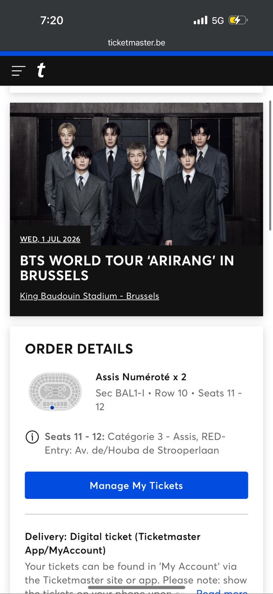 roseareeveryone's tweet photo. I have these two tickets for BTS brussels day 1 (today 01/07/2026) for sale, my friends can make it in time from Bruges to Brussels. It’s 291,60€ for 2 seated tickets. Section BAL1-I, row 10, seats 11-12.

Can meet up in the stadium and make the transaction in person!!! 🙏🙏🙏 https://t.co/tY2prsBi4g