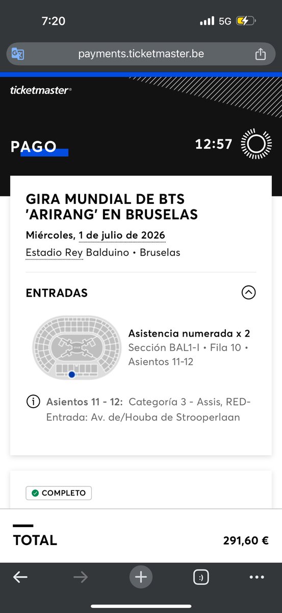 roseareeveryone's tweet photo. I have these two tickets for BTS brussels day 1 (today 01/07/2026) for sale, my friends can make it in time from Bruges to Brussels. It’s 291,60€ for 2 seated tickets. Section BAL1-I, row 10, seats 11-12.

Can meet up in the stadium and make the transaction in person!!! 🙏🙏🙏 https://t.co/tY2prsBi4g