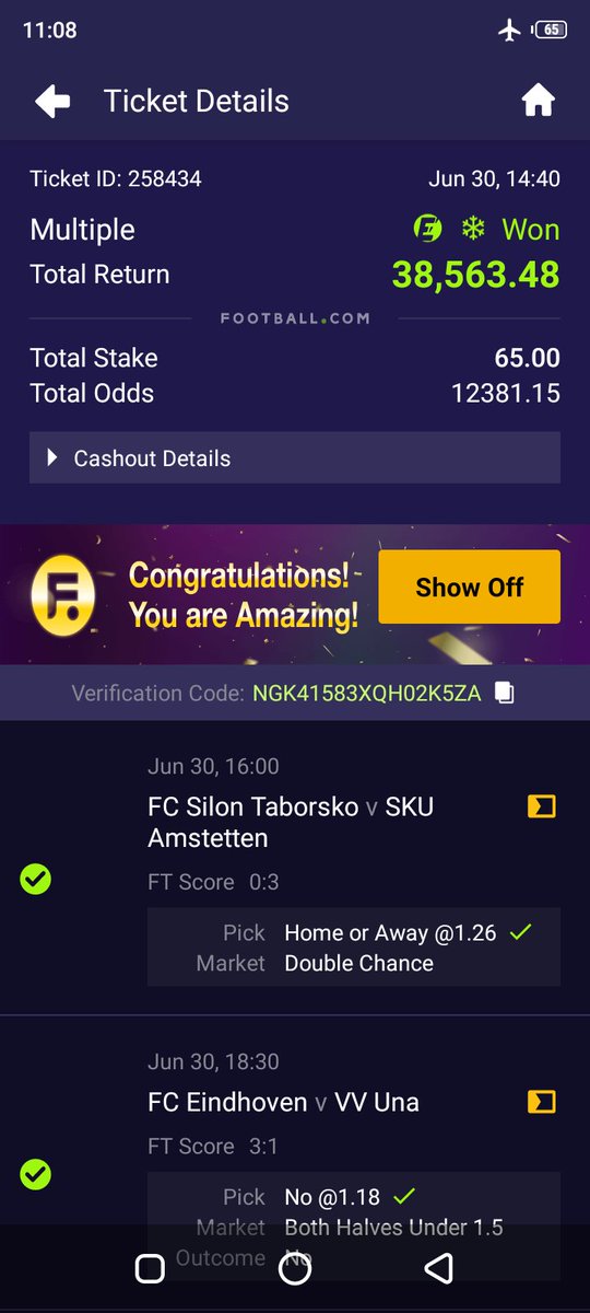 0xCento's tweet photo. @9zerobillions Thanks for yesterday bro  @9zerobillions 
I was able to cash out when Shamrock about to enter 90mins https://t.co/FYl3xLTtOq