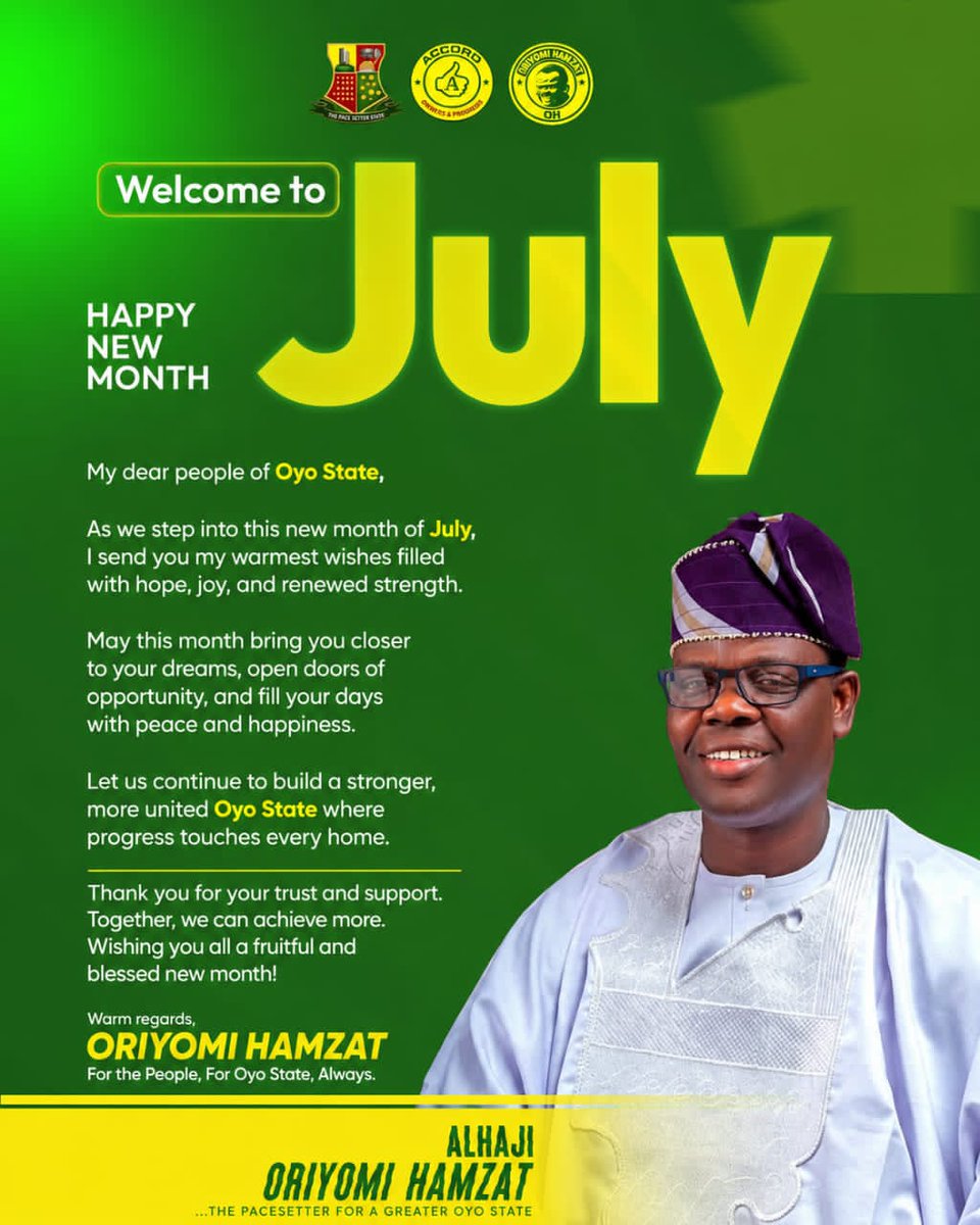 ModinatFun83698's tweet photo. As we step into July! Incoming Excellency @OriyomiHamzat_ may this new season bring you vision, strength and divine guidance ahead of the mandate.
Oyo people are expectant, and they trust in your capacity, humanity, that you will deliver.
@OyoMandate
#newmonth
#NewDawn
#Accord https://t.co/8BAtvq4DL0