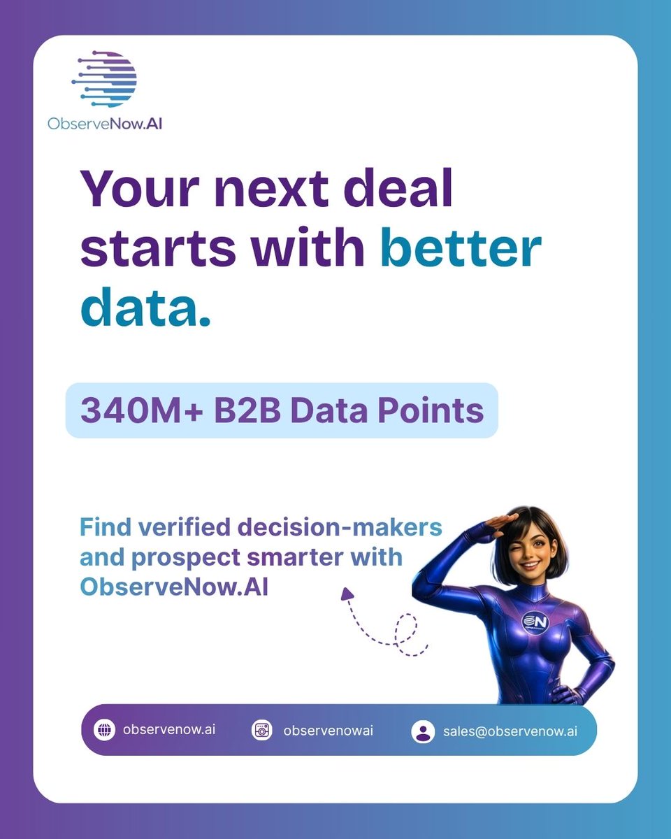 ObserveNowAI's tweet photo. Every successful deal begins with knowing who to reach.

With 340M+ verified B2B data points, https://t.co/1Lpo7rWDZT helps your sales teams discover the right decision-makers, engage qualified prospects, and build a stronger pipeline.

#ObserveNowAI #B2BData https://t.co/OK07DvyUWX