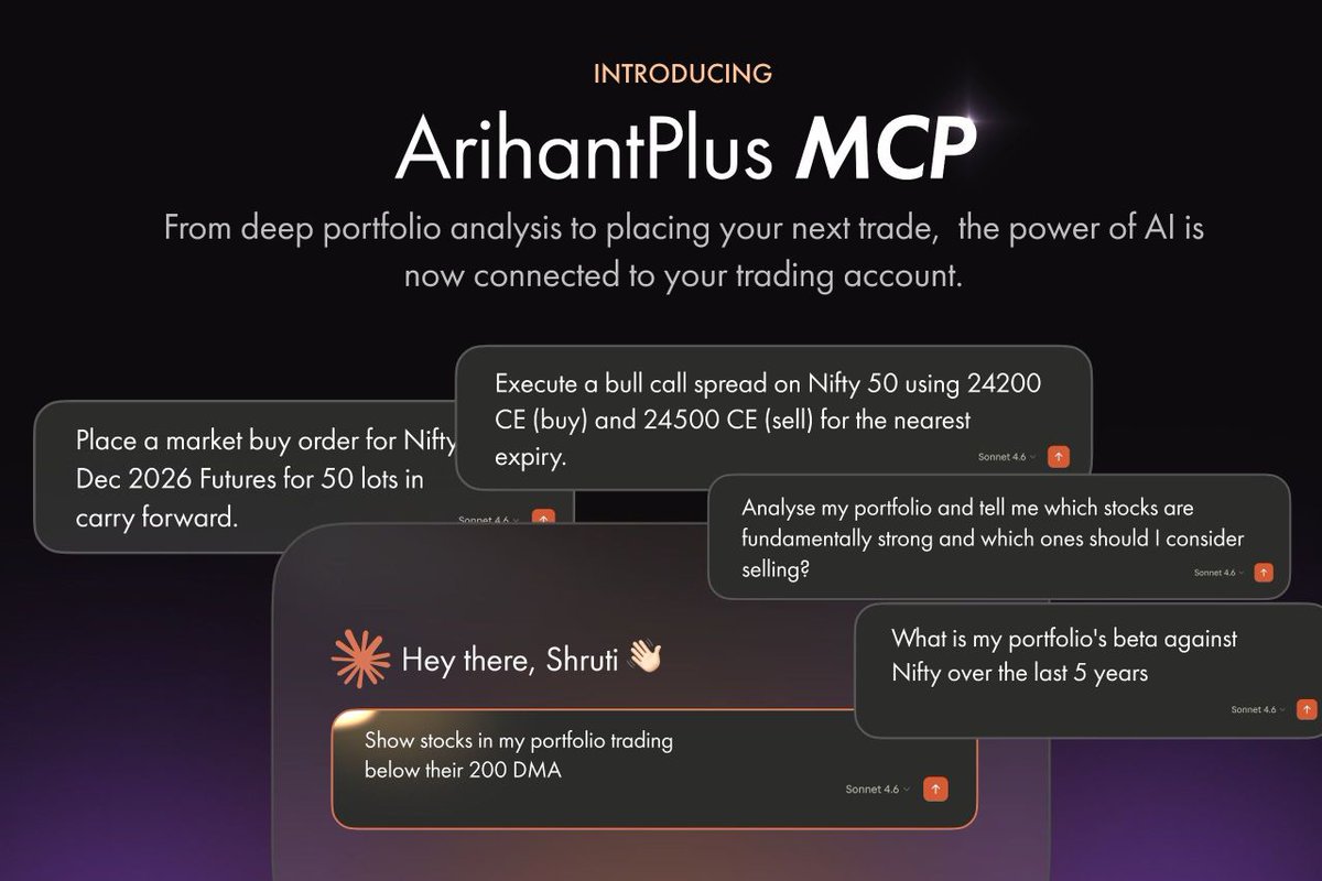 ArihantPlus's tweet photo. Bought stocks are bought on tips. 
Held on hope. 
Sold in panic. 

That's how many portfolios are built. 

To solve this problem, we have introduced ArihantPlus MCP. Let AI analyze your real holdings, P&amp;L &amp; positions, so you get data-based insights to make informed decisions https://t.co/W6gKRKXfaQ
