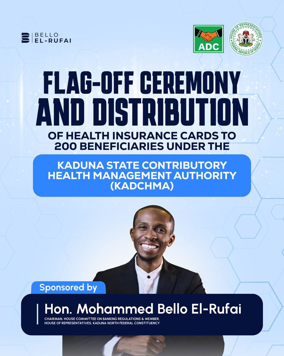 B_ELRUFAI's tweet photo. Announcement: In the name of Allah, the most Compassionate, the most Beneficent. Please take note of the following announcement. All individuals who obtained and completed the KADCHMA forms under the sponsorship of Hon. Mohammed Bello El-Rufai, who paid for 200 beneficiaries in Kaduna North for their annual health insurance cards, are hereby invited.

Representatives of KADCHMA will be present to issue your (KACHMA Insurance Cards), identification cards (ID cards), which will enable access to the hospital of your choice. They will also provide detailed information on how to use the card and explain its benefits.

Date: Thursday, 2 July 2026
Time: 9:00 am
Venue: 19 Danja Road, Unguwar Sarki. 

May Allah grant everyone the ability to attend. We have disbursed over 2,000 cards to citizens of Kaduna North Federal Constituency. 

Signed:
Chairman, KADCHMA Committee
Nuhu Sani Lere.
