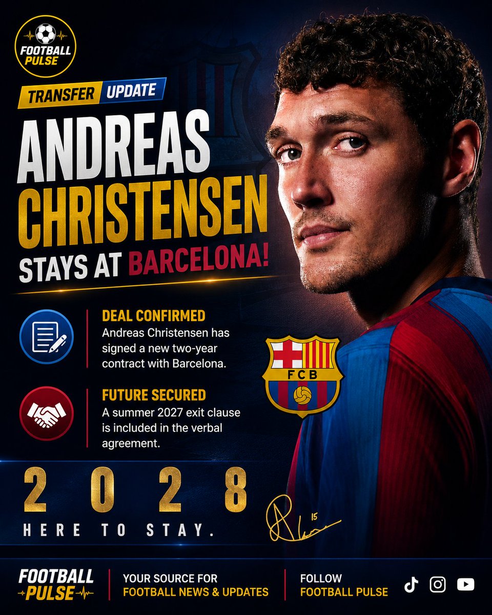 oluvikkisammuel's tweet photo. ๐ต Christensen stays! Barcelona secure the defender until 2028. ๐โค๏ธ #FootballPulse #barcelonasc https://t.co/QAOgGyVCVg