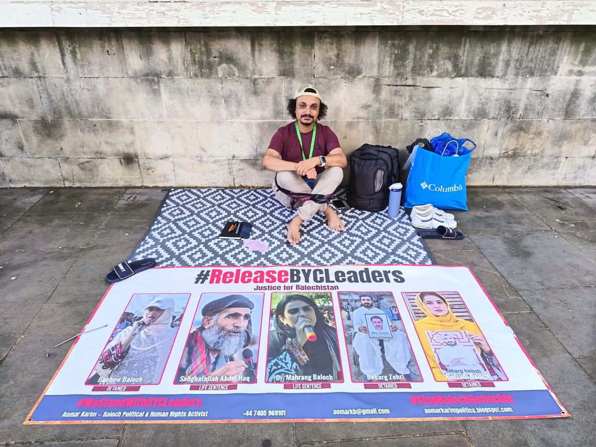 Aomar_karim's tweet photo. 🔴 Day 1 — Hunger strike begun outside 10 Downing Street, London.
Mahrang Baloch &amp; Sibghatullah Shahji sentenced to life. Justice must prevail.
📍 1–3 July · London
#ReleaseBYCLeaders #StopBalochGenocide #WeStandWithBYCLeaders #AomarKarim #AomarKarimHungerStrike https://t.co/XWng3HELOy