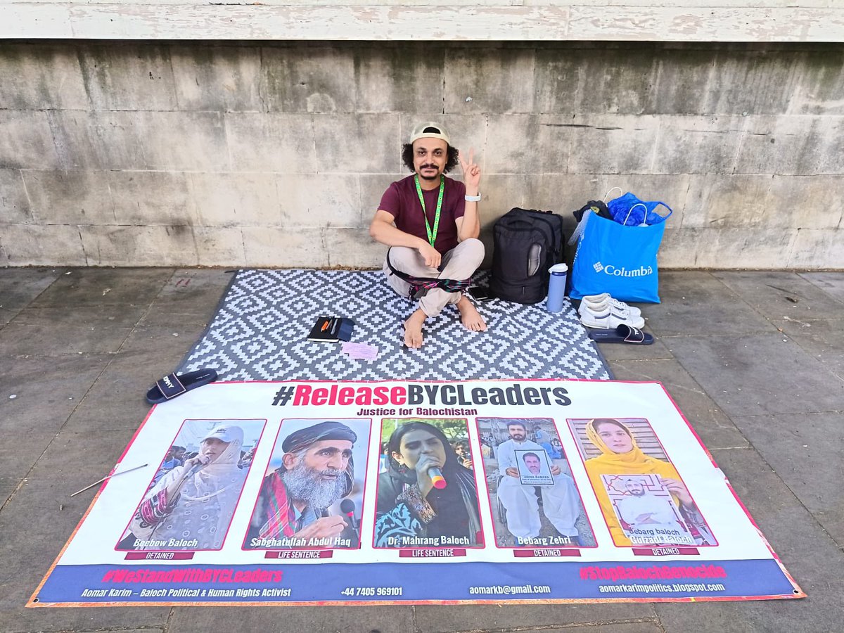 Aomar_karim's tweet photo. 🔴 Day 1 — Hunger strike begun outside 10 Downing Street, London.
Mahrang Baloch &amp; Sibghatullah Shahji sentenced to life. Justice must prevail.
📍 1–3 July · London
#ReleaseBYCLeaders #StopBalochGenocide #WeStandWithBYCLeaders #AomarKarim #AomarKarimHungerStrike https://t.co/XWng3HELOy