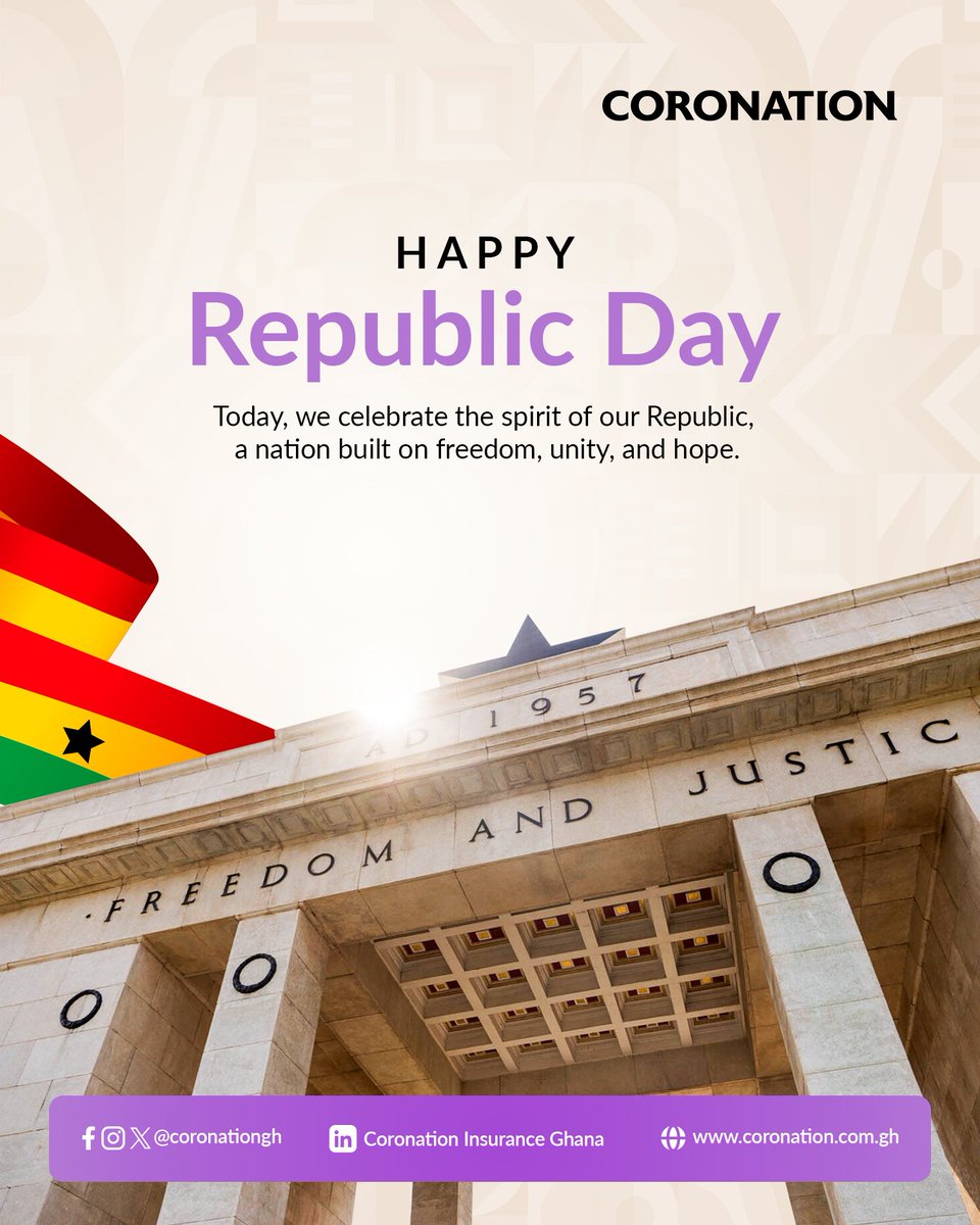 coronationghana's tweet photo. Today we celebrate the strength, unity and resilience of our nation. A reminder of how far we have come and the brighter future we continue to build together.

Let’s keep the spirit of patriotism alive and work towards a better Ghana for all. 

Happy Republic Day!

#RepublicDay https://t.co/ZnUjhYx9Cv