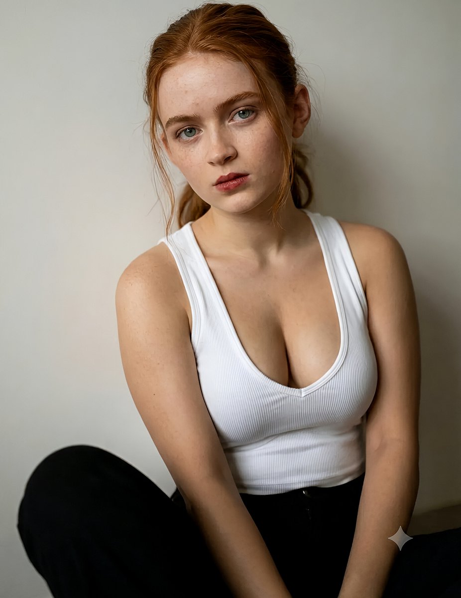 Jodie_Noraa's tweet photo. "Studio vibes and effortless grace. Loving this look! ✨"

Millie Bobby Brown | Sadie Sink 

Photos Made With AI Gemini Nano Banana Pro 

Prompt:

"A highly detailed realistic portrait photograph of a young woman with fair skin and subtle natural freckles, featuring long straight brown hair styled in a sleek high ponytail with a center part, wispy strands framing her face. She has expressive brown eyes with defined eyebrows, wearing bold red lipstick on full lips, and a neutral contemplative expression while gazing directly at the viewer. She is dressed in a fitted white ribbed sleeveless tank top and black pants, seated in a relaxed pose with one leg bent, leaning against a plain light-colored minimalist studio wall. Soft dramatic lighting from the side creates gentle shadows and highlights on her face and clothing, with a clean modern indoor setting, high resolution, sharp focus, cinematic composition, and professional photography style."