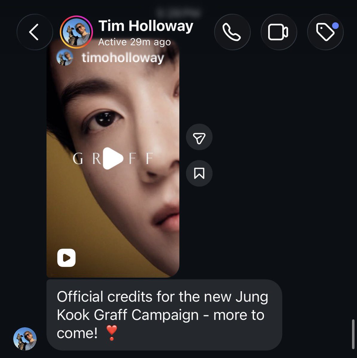 Daily_JKUpdate's tweet photo. The Creative Director “Tim Holloway” of JUNGKOOK’s GRAFF videos campaign has messaged me on Instagram and said:

“more to come” 👀

JUNGKOOK FOR GRAFF 
#JUNGKOOKxGRAFF
#JUNGKOOKForGRAFF https://t.co/mBHrjhWIoz