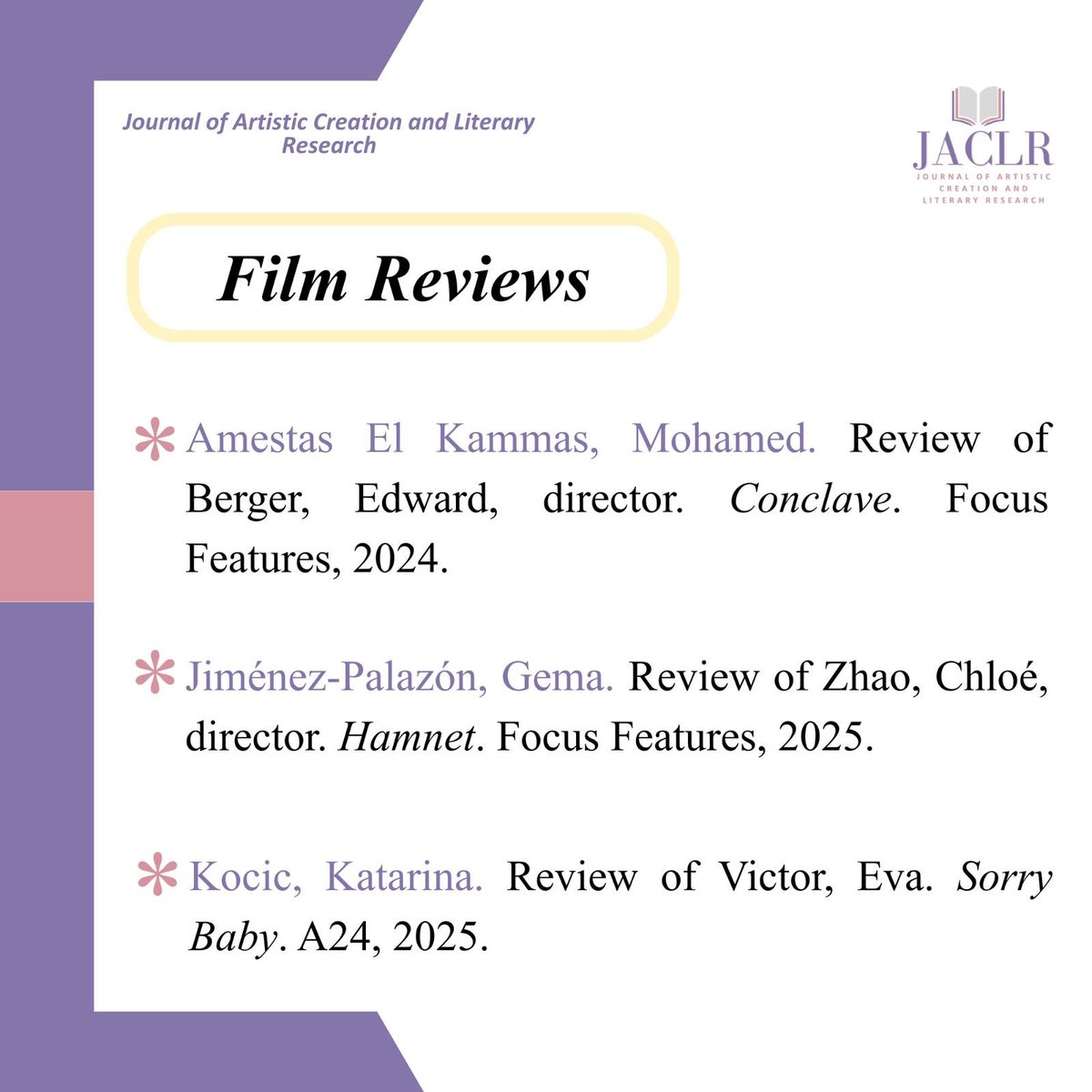jaclrinfo's tweet photo. 👇 What’s waiting for you inside? 👇
✍🏻8 research articles 
📚1 book review 
🎬 3 film reviews 
👥 2 interviews  
Huge thanks to our amazing authors, rigorous reviewers and editorial team for bringing this issue to life 👏🏻 https://t.co/34ZVaLArqg