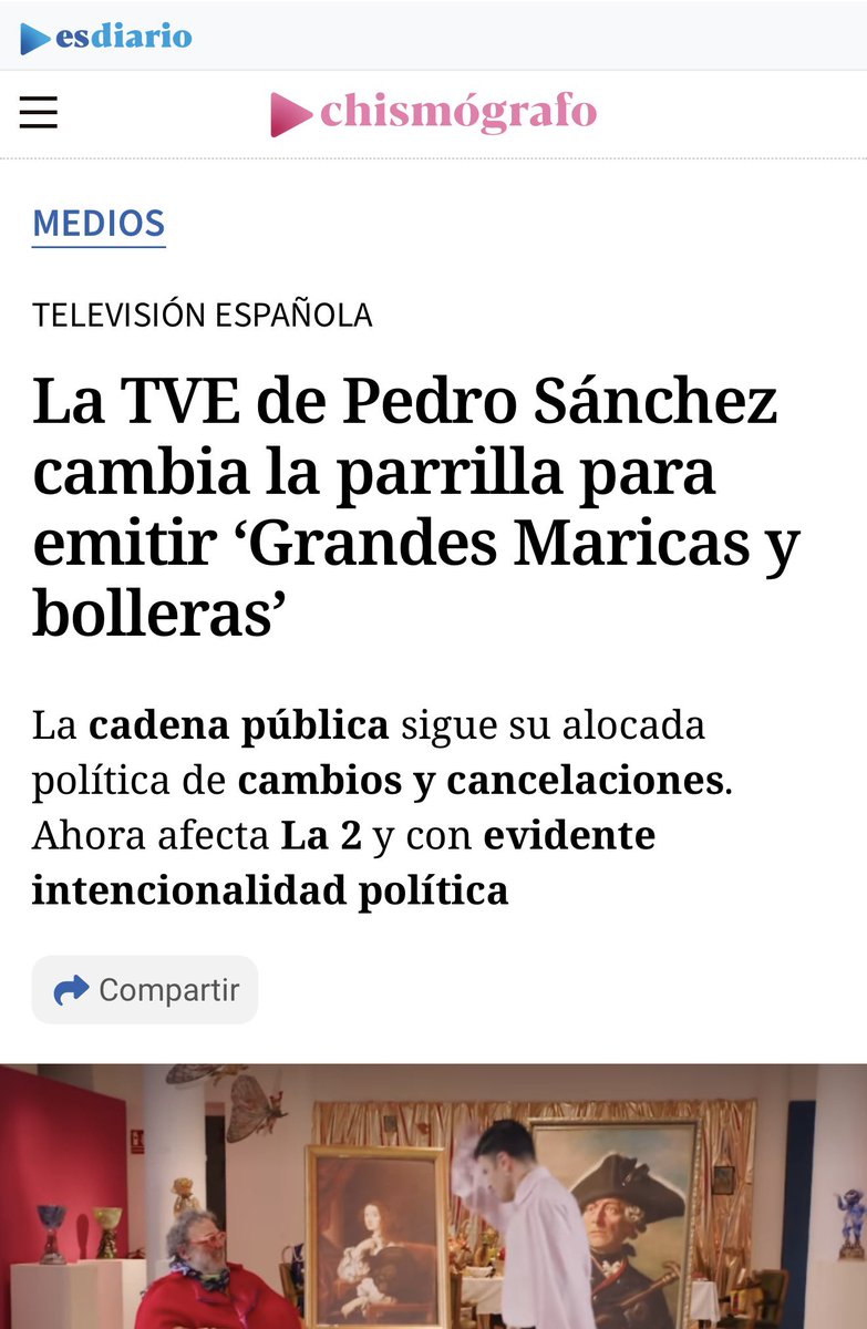 Otto_Mas's tweet photo. La derecha descubriendo horrorizada que en 2026 la televisión pública emite contenidos LGTBIQ+ en horario visible.

No es “cambiar la parrilla por Sánchez”.

Es que existimos, tenemos historia, pagamos impuestos y también tenemos derecho a ocupar pantalla.

Qué disgusto, ciela 💅🏼 https://t.co/Lfc10GQTMh