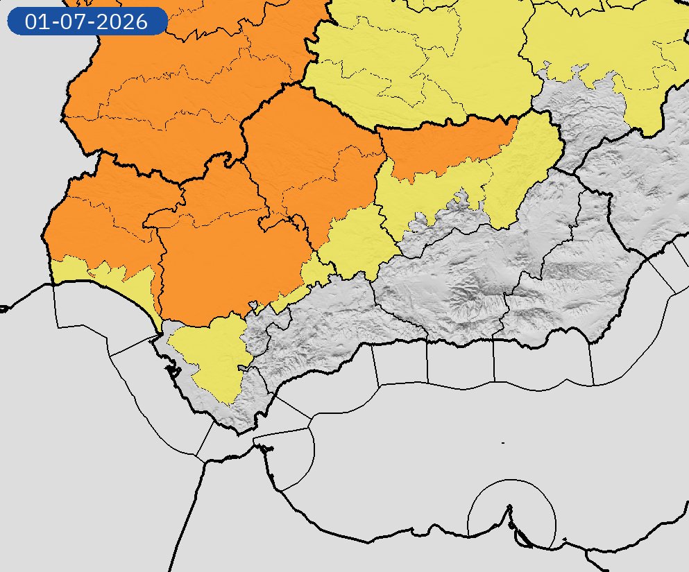Meteohuelva's tweet photo. Como estaba previsto, hoy miércoles suben aún más las temperaturas por lo que empezamos a ver los primeros avisos naranjas por riesgo importante de altas temperaturas.

Hoy el aviso naranja estará vigente en las comarcas de Aracena, Andévalo y Condado mientras que mañana jueves se extenderá al resto de la provincia.

La particularidad de este episodio de altas temperaturas es su duración porque no se vislumbra ningún alivio térmico como mínimo en 10 días. Ojo también a las noches porque las mínimas difícilmente bajarán de los 25 °C en los núcleos urbanos.

Ya sabéis las recomendaciones de siempre, mucha hidratación y mucha paciencia porque como he dicho antes, esta situación va a ser muy duradera.