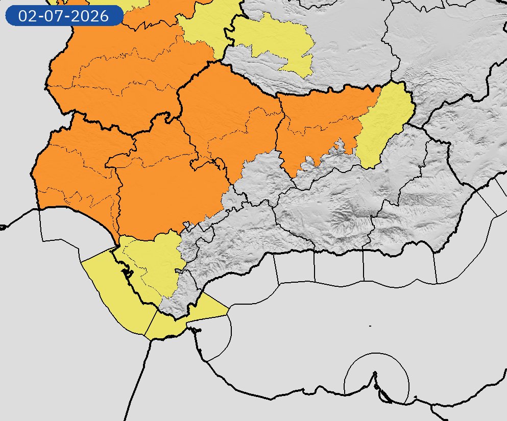 Meteohuelva's tweet photo. Como estaba previsto, hoy miércoles suben aún más las temperaturas por lo que empezamos a ver los primeros avisos naranjas por riesgo importante de altas temperaturas.

Hoy el aviso naranja estará vigente en las comarcas de Aracena, Andévalo y Condado mientras que mañana jueves se extenderá al resto de la provincia.

La particularidad de este episodio de altas temperaturas es su duración porque no se vislumbra ningún alivio térmico como mínimo en 10 días. Ojo también a las noches porque las mínimas difícilmente bajarán de los 25 °C en los núcleos urbanos.

Ya sabéis las recomendaciones de siempre, mucha hidratación y mucha paciencia porque como he dicho antes, esta situación va a ser muy duradera.