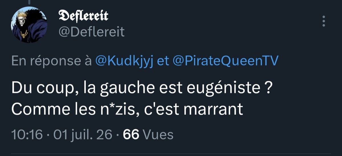Deflereit's tweet photo. @Kudkjyj @PirateQueenTV La validation de propos en question mdrr. Tu inventes des choses que seul toi peut comprendre. (Quand j'ai "validé" t'es propos, c'était pour montrer à quel point t'étais un zgeg car ÉVIDEMMENT que la gauche n'est pas eugéniste. Mais bon, ça doit t'échapper, ça... https://t.co/Hxh29o0Hwq
