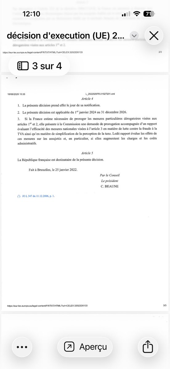 cab2626's tweet photo. Voilà la décision de l’UE du 25 janvier 2022 qui autorise la France à imposer la facturation obligatoire jusqu’au 31 décembre 2026 ! Donc et en l’état il ne s’agit que d’un régime transitoire de 4 mois ! Donc ne faites rien et rien ne vous arrivera ! On en parle jeudi soir à 19 h https://t.co/hCbHnounxi