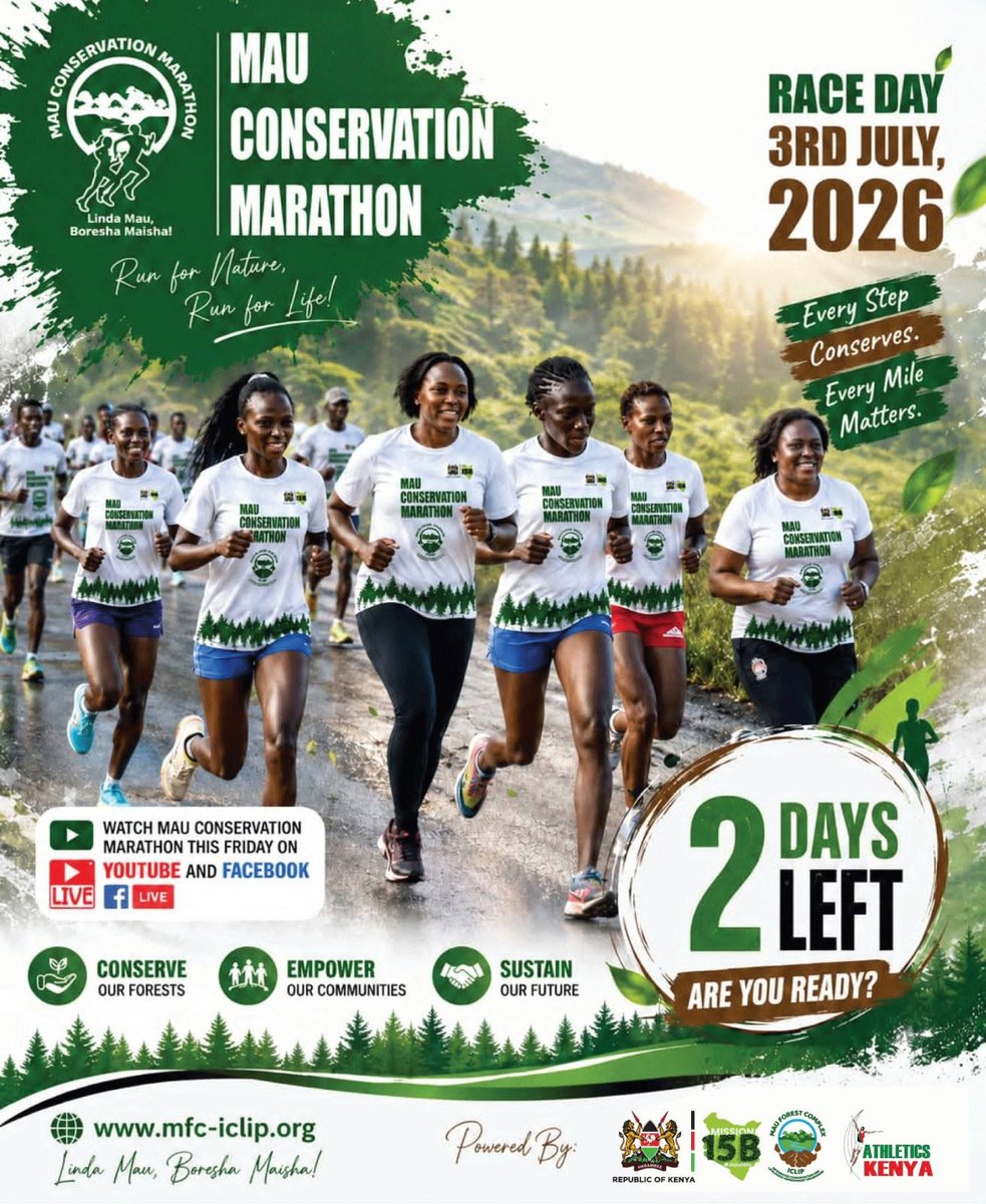kass_fm's tweet photo. 2 𝐃𝐀𝐘𝐒 𝐓𝐎 𝐆𝐎! 🌿🏃‍♀️

The countdown is almost over!

In just 2 days, we'll unite for the Mau Conservation Marathon, where every step helps protect and restore the Mau Forest.

#MauConservationMarathon
#RunforMau
#KassDigital
#KassTV https://t.co/61b2Yul4Xx