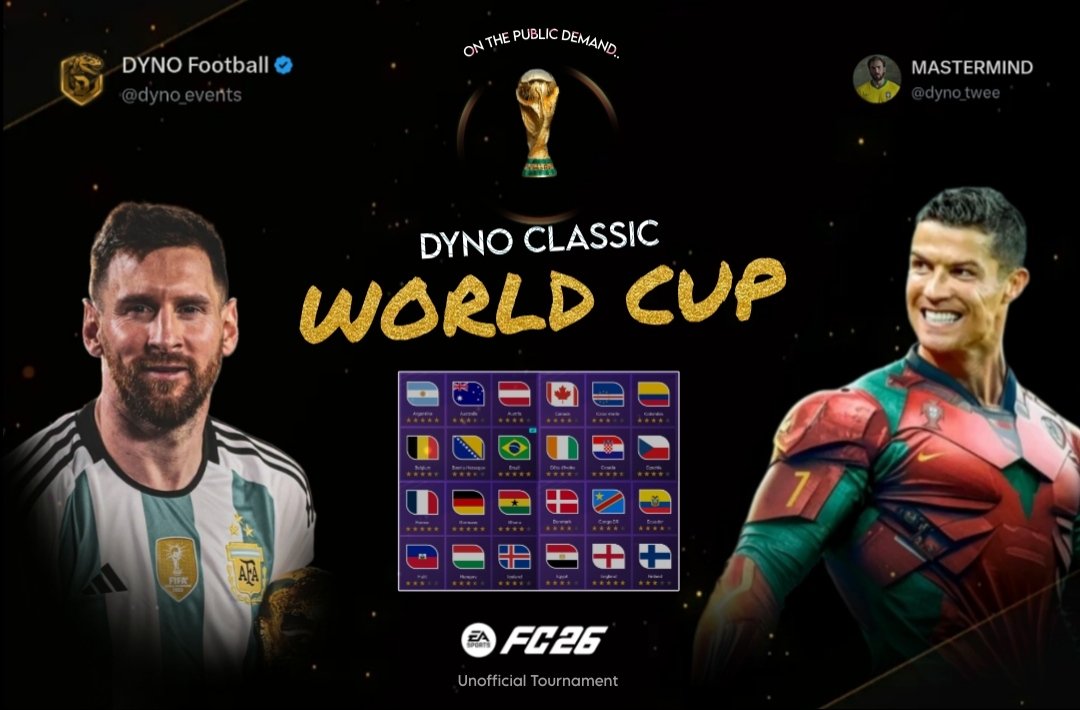 dyno_events's tweet photo. 🥁 REGISTERATION | Till 2 July 2026

🔹Follow us
🔹Like & RT this post
🔹Tag 2 mutuals in comment 
🔹Drop ur game profile screen shot 
🔸Mention partner name if already formed team otherwise register as solo. 

Players will be added in announcement GC 

🔺Duo Teams
🔺League Stage + KO (LIVE)
🔺No rewards 
🔺Limited entries 

Stay Tuned for further details 

#DynoClassicWorldCup #DCWC @tutiofifa