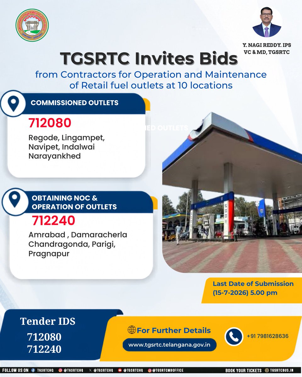 TGSRTCHQ's tweet photo. Opportunity awaits! 📢

TGSRTC invites eligible contractors to participate in the tender process for operating and maintaining retail fuel outlets across Telangana.
🗓️ Bid Submission Deadline: 15 July 2026 | 5:00 PM
#TGSRTC #TenderAlert #FuelOutletTender #RetailFuel #Business https://t.co/Ph1qDDzlIT