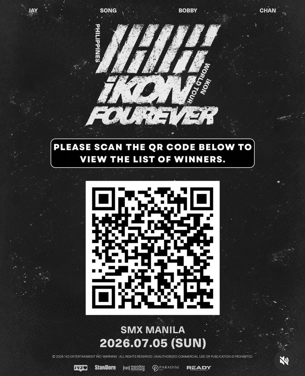 withiKON_PH's tweet photo. 🎉 KONgratulations, iKONICS! 🎉

The moment we've all been waiting for is finally here! @banyakbagusent has officially released the list of lucky winners for the exclusive perks and benefits of #iKONinManila! 

Scan the QR code now and see if you made the list! ❤️‍🔥

From here: 
https://t.co/zO7F46S3Ck

#iKONinManila  #iKON_FOUREVER_TOUR #iKON #아이콘