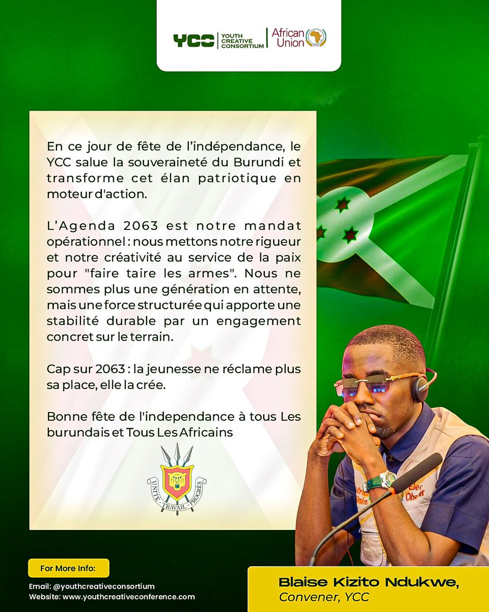 Youthcreativez's tweet photo. Celebrating Burundi's Independence with renewed commitment to peace, youth leadership, and Agenda 2063.
The future belongs to those who build it.
Happy Independence Day, Burundi! 🇧🇮
#YCC #Agenda2063 #TomorrowIsNow https://t.co/JnTWmtSBR7