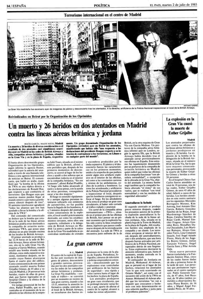 vctorst2's tweet photo. Un día como hoy de 1985 el #TerrorismoIslamista asesinó en #Madrid a ESTHER GRIJALBA GÓMEZ-AYARZA. 

Murió por la explosión de una bomba en oficinas de @British_Airways.

La onda expansiva le alcanzó comprando billetes con su hermana, herida junto a 25 personas más.

#MEMORIA https://t.co/vhZuVwiJxR