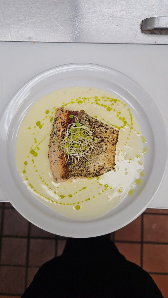 BaiulusRectus's tweet photo. Gonna post some of of my food since I havent yet I guess. 

Salmon, Limone sauce with Basil Oil. https://t.co/ZzSSRhd3ZC