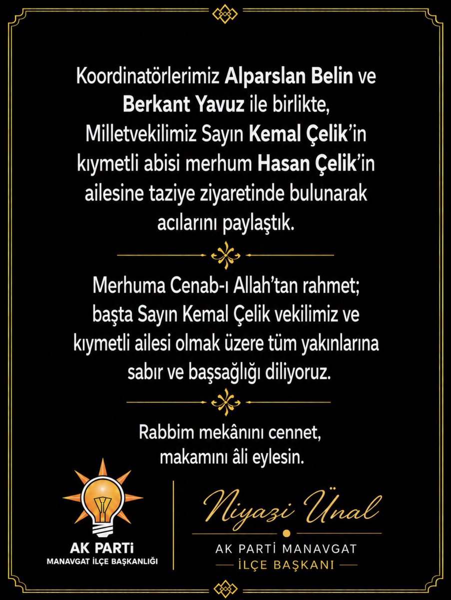 AkManavgat's tweet photo. Milletvekilimiz Sayın Kemal Çelik’in kıymetli abisi merhum Hasan Çelik’in ailesine taziye ziyaretinde bulunarak acılarını paylaştık.

Merhuma Cenab-ı Allah’tan rahmet; başta Sayın Kemal Çelik vekilimiz ve kıymetli ailesi olmak üzere tüm yakınlarına sabır ve başsağlığı diliyoruz. https://t.co/RP4MxRrFE0