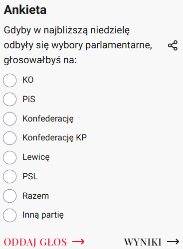 cezarykrysztopa's tweet photo. Gdyby w najbliższą niedzielę odbyły się wybory parlamentarne, głosowałbyś na: (...). Nowa sonda na https://t.co/ygBA4159Xk. Głosujemy! https://t.co/hijC8UOJci